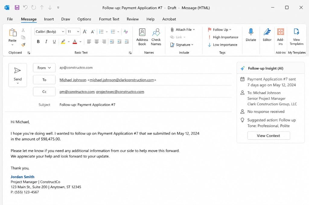 Outlook inbox with AI-generated follow-up draft and context panel for human review before send